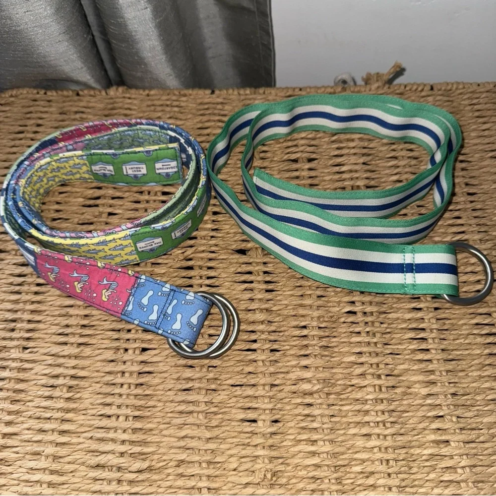 Bundle of Two Vtg Vineyard Vines Web Ribbon Belts Nautical M Blue Green Beach